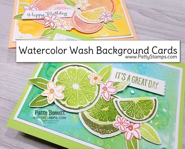 Sweet Citrus Bundle from Stampin' UP!. Handmade cards with watercolor wash background technique by Patty Bennett