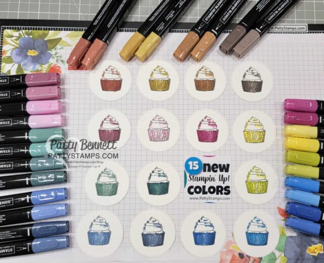 Stampin Up! Circle Sayings Cupcake stamp with 15 new Stampin' Blends marker colors