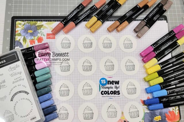 Stampin Up! Circle Sayings Cupcake stamp with 15 new Stampin' Blends marker colors