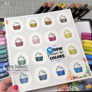 Stampin Up! Circle Sayings Cupcake stamp with 15 new Stampin' Blends marker colors - reference chart by Patty Bennett