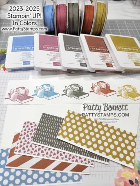 Stampin Up! In Color palette for 2023-2025 - ink pads, designer paper and ribbon. 