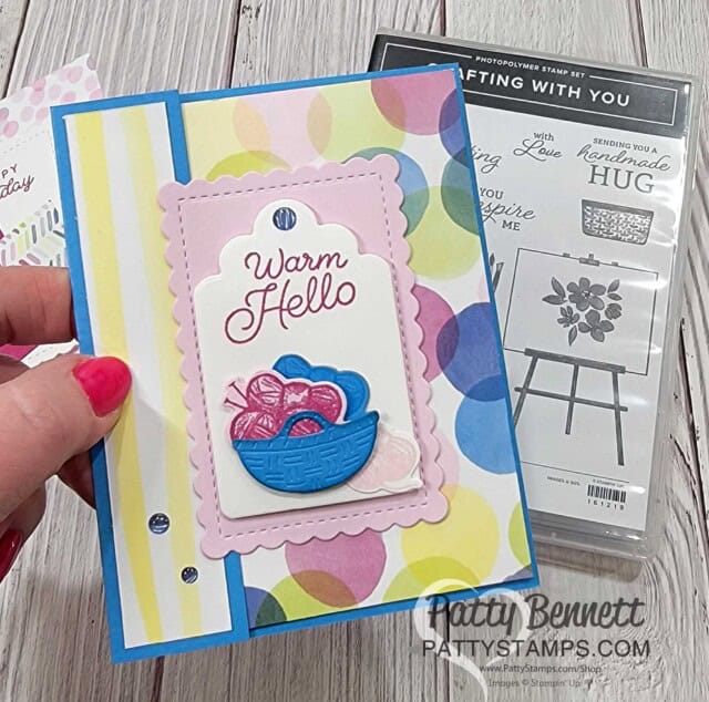 Stampin' Up! Crafting with You bundle card ideas featuring Bright & Beautiful designer paper and Yarn basket die cuts by Patty Bennett