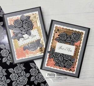 Fussy cut flowers from the Stampin' Up! Ready to Ride designer paper to create beautiful handmade cards, featuring the Dry Brushed Metallic paper. by Patty Bennett