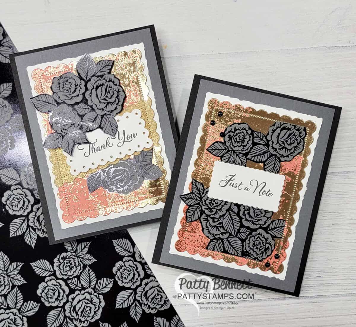 Fussy cut flowers from the Stampin' Up! Ready to Ride designer paper to create beautiful handmade cards, featuring the Dry Brushed Metallic paper. by Patty Bennett
