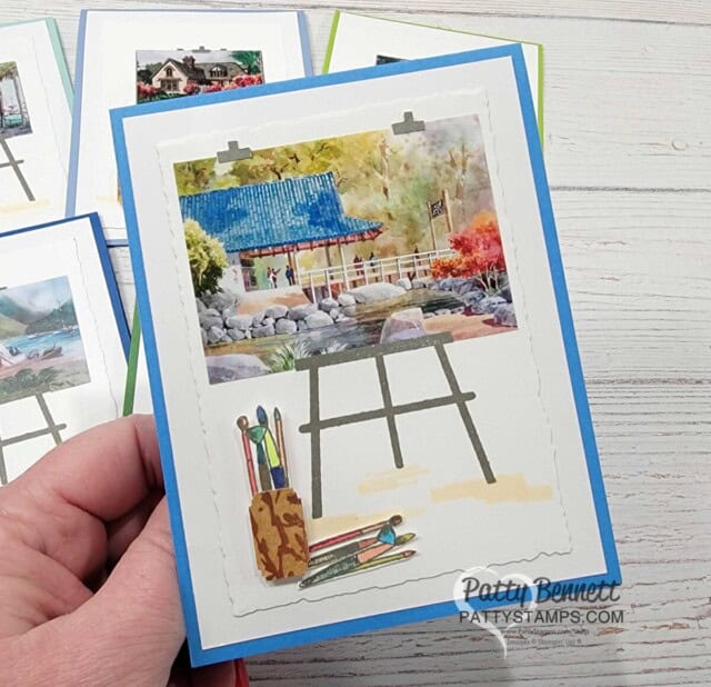 Stampin Up! crafting with you easel card featuring watercolor paintings by Jim Burns. Card by Patty Bennett