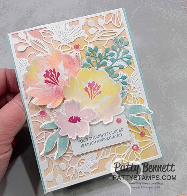 Gorgeous Garden dies background with Textured Florals stamp set from Stampin' Up!. Card by Patty Bennett