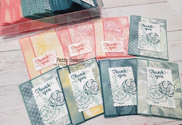 Stampin Up! Hello Irresistible paper and Irresistible Blooms stamp set customer thank you cards by Patty Bennett