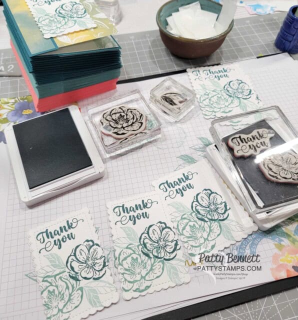 Stamping images for my Stampin Up! Hello Irresistible paper and Irresistible Blooms stamp set customer thank you cards by Patty Bennett