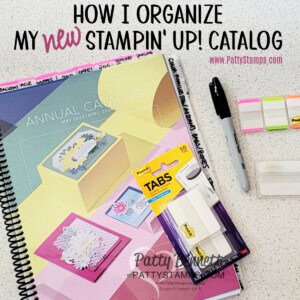 How I organize my new Stampin Up! catalog each year with spiral binding and post-it note tabs, by Patty Bennett