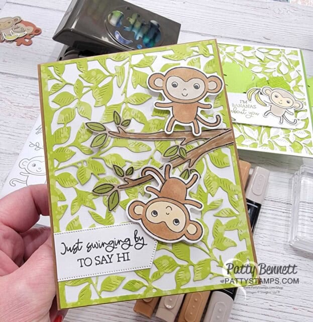 Stampin' UP! card idea: Stampin Up! Little Monkey bundle punch for card making. Featuring Gorgeous Garden leaf background, by Patty Bennett