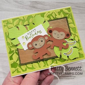 Little Monkey stamp set and punch bundle card idea featuring Gorgeous Garden leaf background and Tropical leaf punch by Patty Bennett