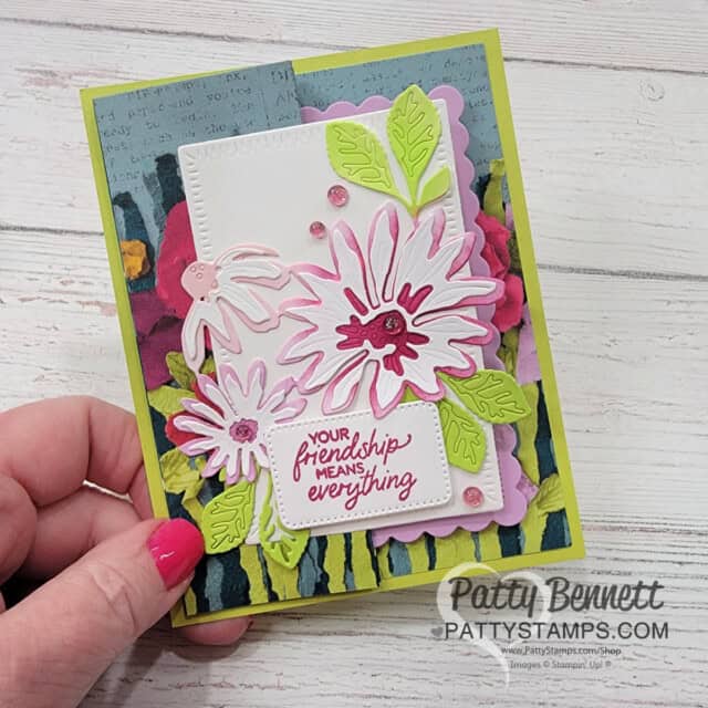 2 4 6 8 Fun Fold card featuring Masterfully Made designer paper and Cheerful Daisy dies. by Patty Bennett