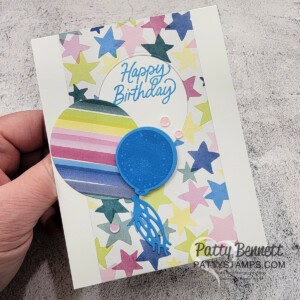 Customer thank you card from Patty Bennett featuring Stampin Up! Bright & Beautiful DSP and Beautiful Balloons bundle!