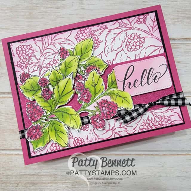 Stampin' Up! Berry Harvest background stamp card idea colored with Stampin' Blends markers. Video tutorial by Patty Bennett