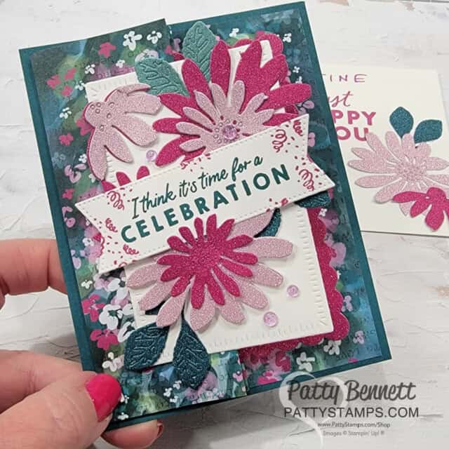 2 4 6 8 Fun Fold card for Christine featuring Soft Shimmer paper and Cheerful Daisies dies, celebrating 25 years