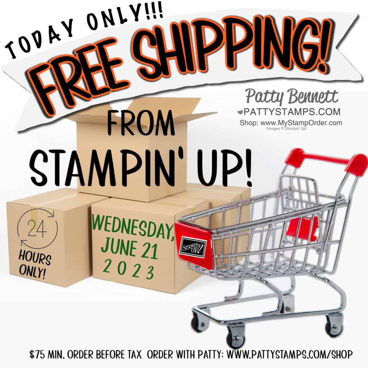 Free Shipping coming for one day only Wednesday June 21, 2023 www.PattyStamps.com/shop