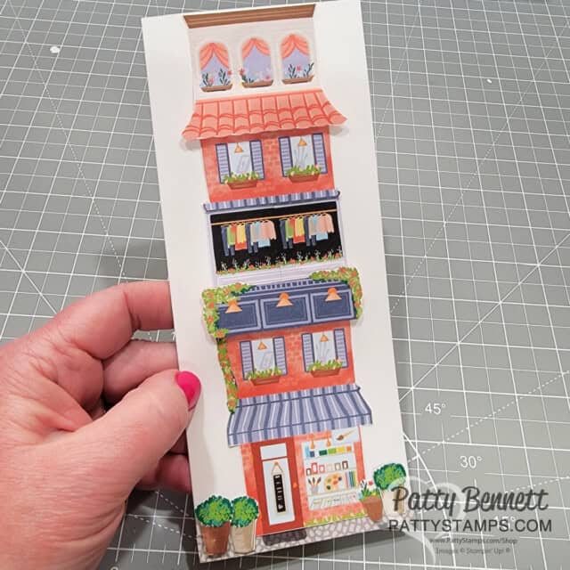 Fun Slimline card featuring Stampin UP! Les Shoppes designer paper, made by Patty Bennett for Sara Douglass