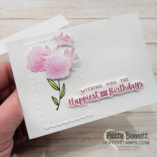 Make a birthday card with the Stampin Up! Timeless Charm bundle and beautiful flower die cut images, Card making video with Patty Bennett