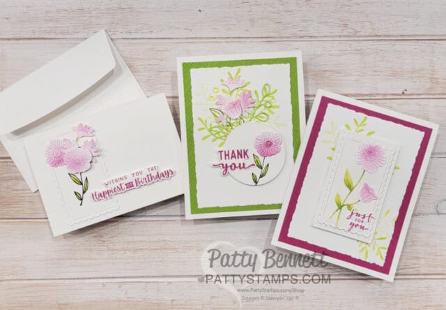 Make note cards with the Stampin Up! Timeless Charm bundle and beautiful flower die cut images, Live video with Patty Bennett