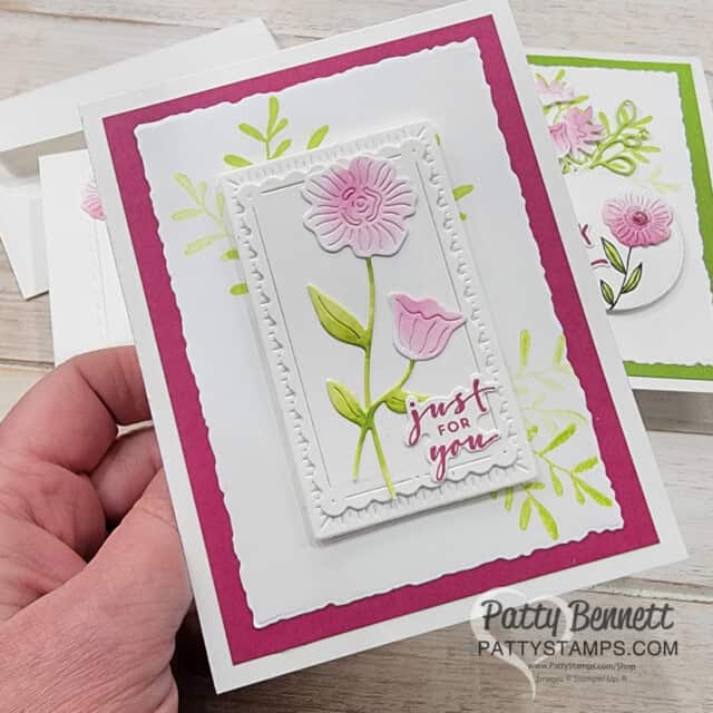 Make note cards with the Stampin Up! Timeless Charm bundle and beautiful flower die cut images, Card making video with Patty Bennett