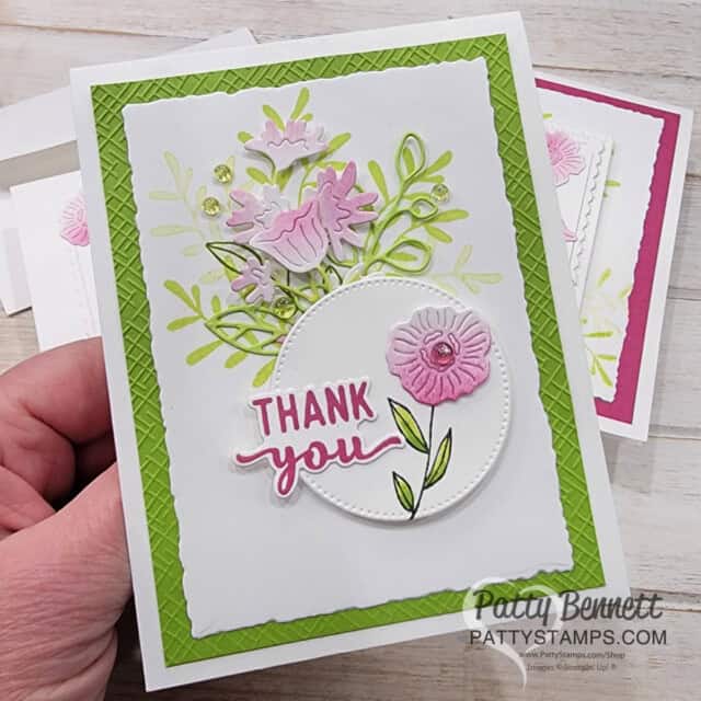 Make a thank you card with the Stampin Up! Timeless Charm bundle and beautiful flower die cut images, Card making video with Patty Bennett