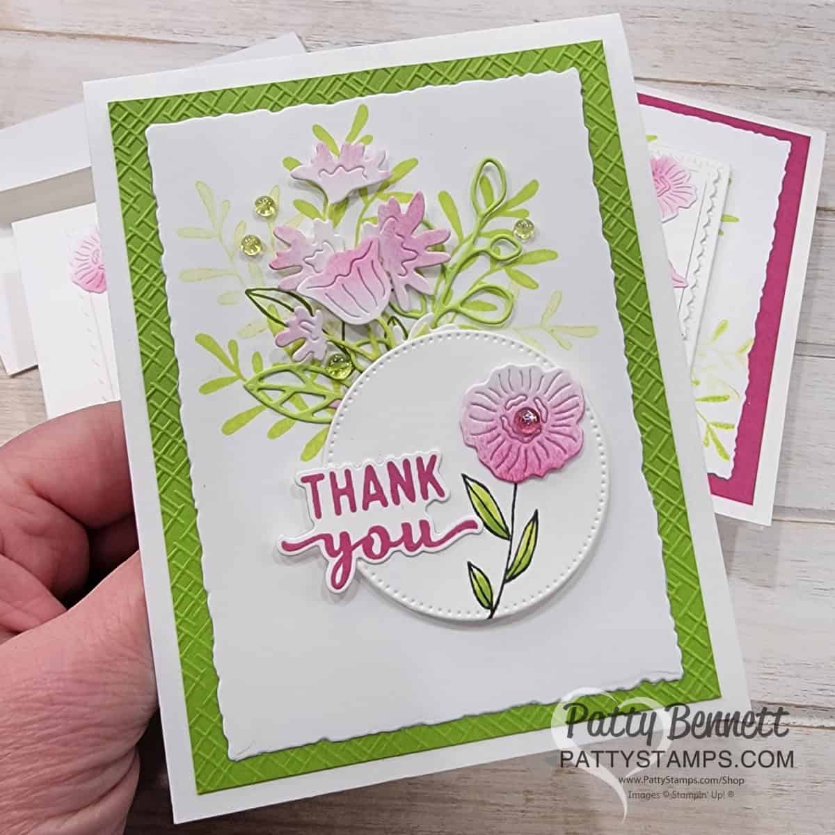 Make a thank you card with the Stampin Up! Timeless Charm bundle and beautiful flower die cut images, Card making video with Patty Bennett