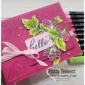 Stampin' UP! Berry Harvest card featuring Berry Burst, Stampin' Blends coloring and fussy cutting by Patty Bennett