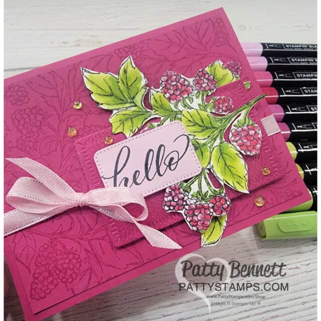 Stampin' UP! Berry Harvest card featuring Berry Burst, Stampin' Blends coloring and fussy cutting by Patty Bennett
