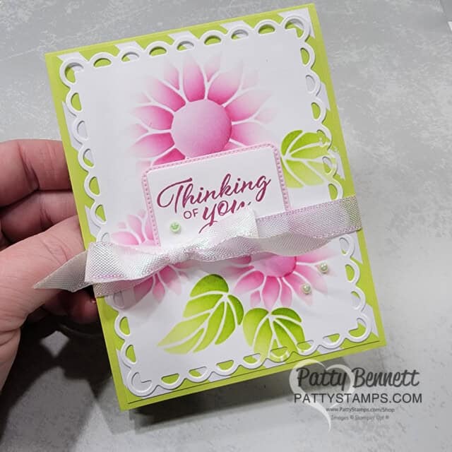 Abundant Beauty masks and ink blending with Bubble Bath and Berry Burst ink! Card featuring Scalloped Contour die by Patty Bennett