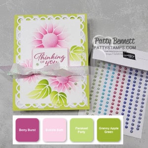 Abundant Beauty masks and ink blending with Bubble Bath and Berry Burst ink! Card featuring Scalloped Contour die by Patty Bennett