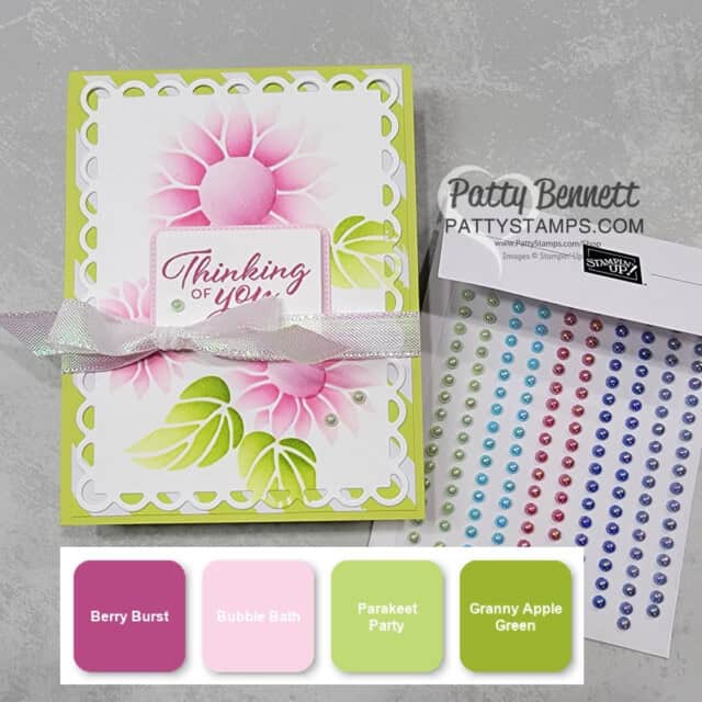 Abundant Beauty masks and ink blending with Bubble Bath and Berry Burst ink! Card featuring Scalloped Contour die by Patty Bennett