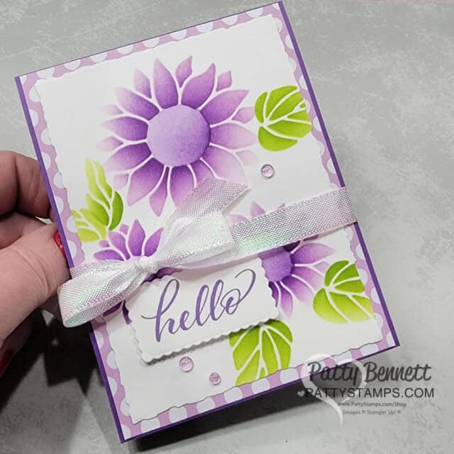 Abundant Beauty masks and ink blending with Fresh Freesia, Highland Heather and Gorgeous Grape! Card by Patty Bennett