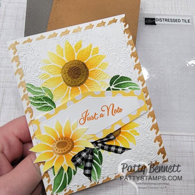 Sunflower card with Stampin' Up! Abundant Beauty stencils / masks, blending brushes and ink by Patty Bennett