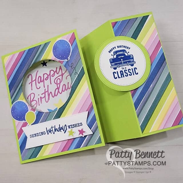 Circle Fun Fold card with the Stampin' UP! Bright & Beautiful suite of card making products including Memories & More cards, by Patty Bennett