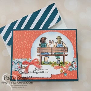 Stampin UP! Coffee with Friends set card idea featuring Stampin' Blends marker coloring and Garden Walk designer paper, by Patty Bennett