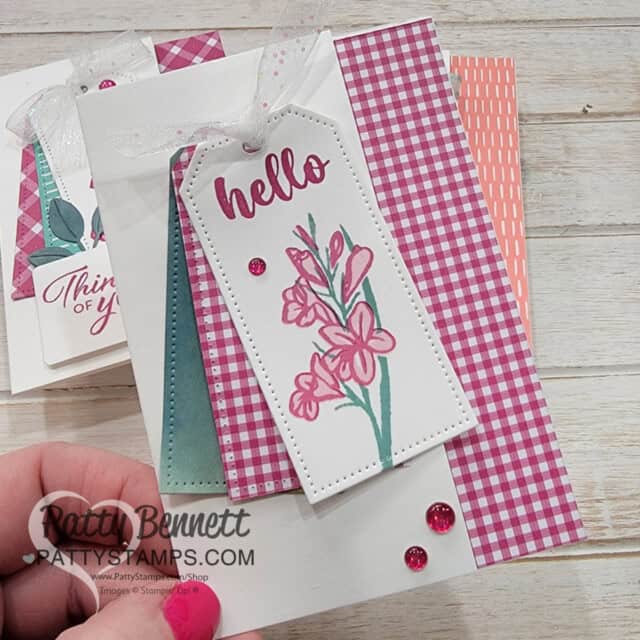 Stampin Up! note card featuring tags, So Refreshing set and gingham paper by Patty Bennett