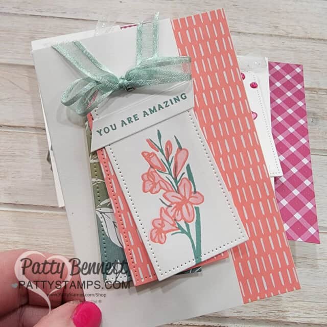 Stampin Up! note card featuring tags, So Refreshing set and Flirty Flamingo designer paper by Patty Bennett
