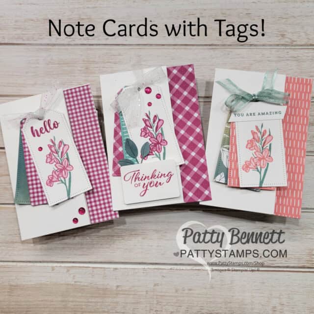 Stampin Up! note cards featuring tags, So Refreshing set and gingham paper by Patty Bennett