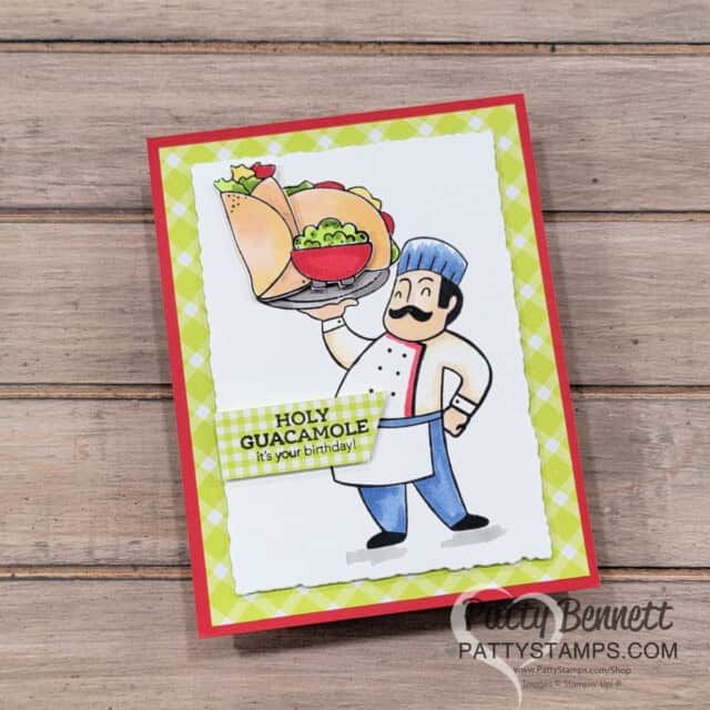 Stampin' Up! Supremely Awesome pizza man stamp set combined with Taco Fiesta set! Cute burrito and taco card by Patty Bennett