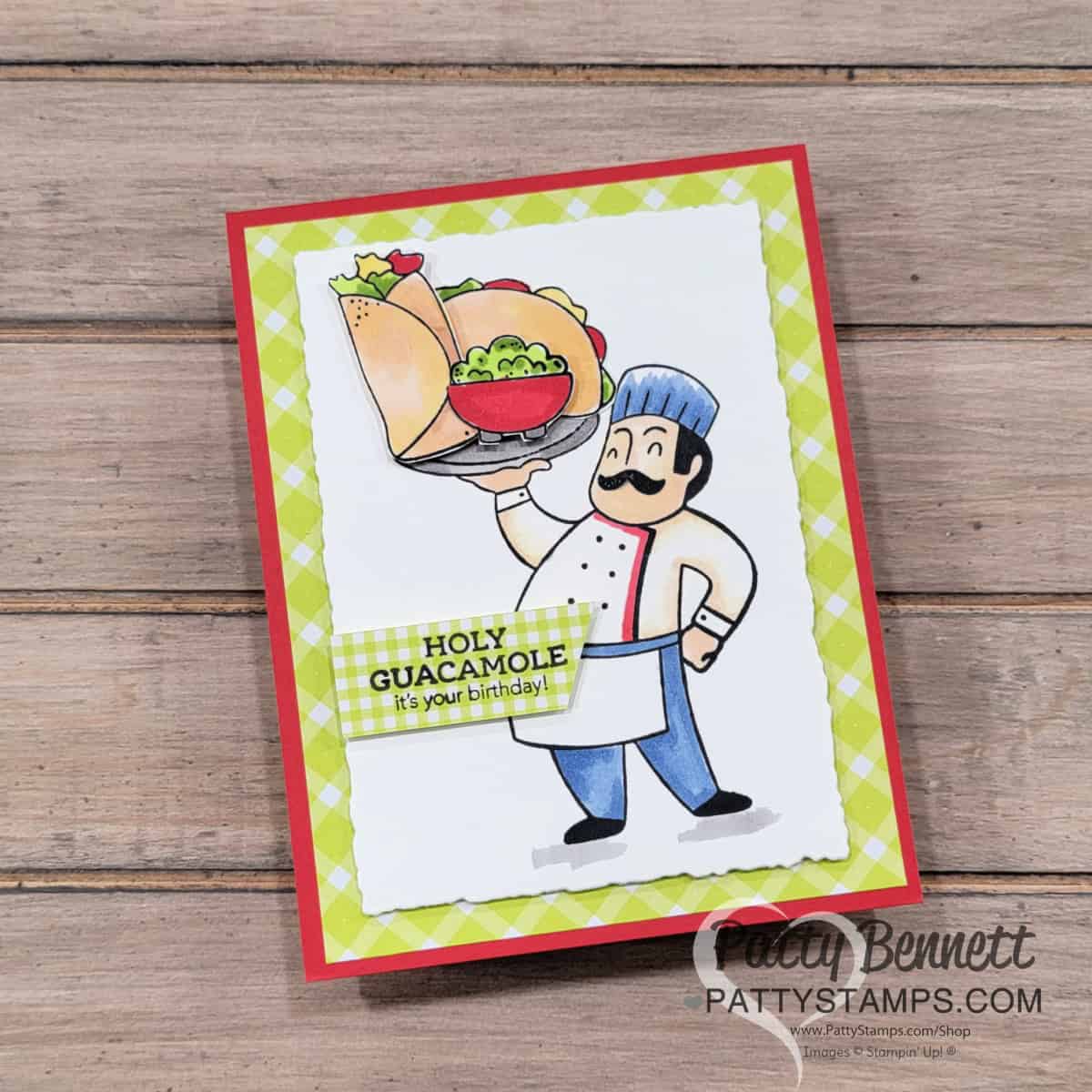 Stampin' Up! Supremely Awesome pizza man stamp set combined with Taco Fiesta set! Cute burrito and taco card by Patty Bennett