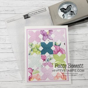 Create a quilted card using the Stampin UP! Inked & Tiled punches and embossing folders. by Patty Bennett Countryside Blossoms folder.
