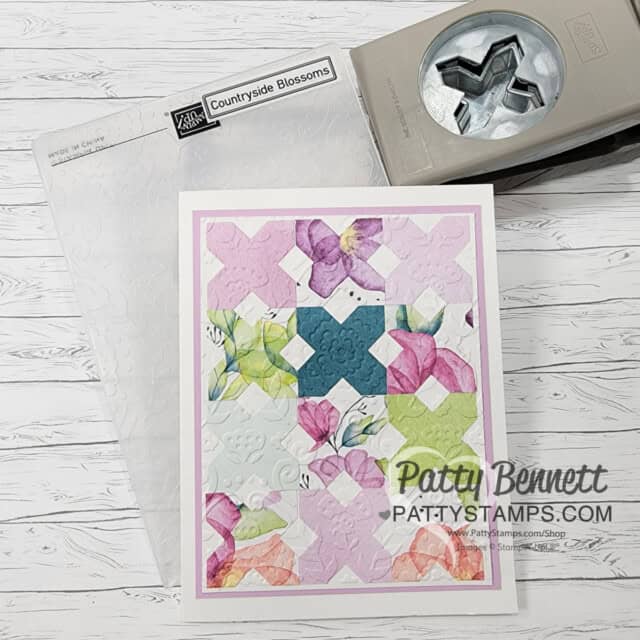 Create a quilted card using the Stampin UP! Inked & Tiled punches and embossing folders. by Patty Bennett Countryside Blossoms folder.