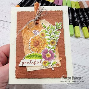 Fruitful Blessings fall cards colored with Stampin' Blends and featuring tags with the Distressed Tile embossing folder by Patty Bennett
