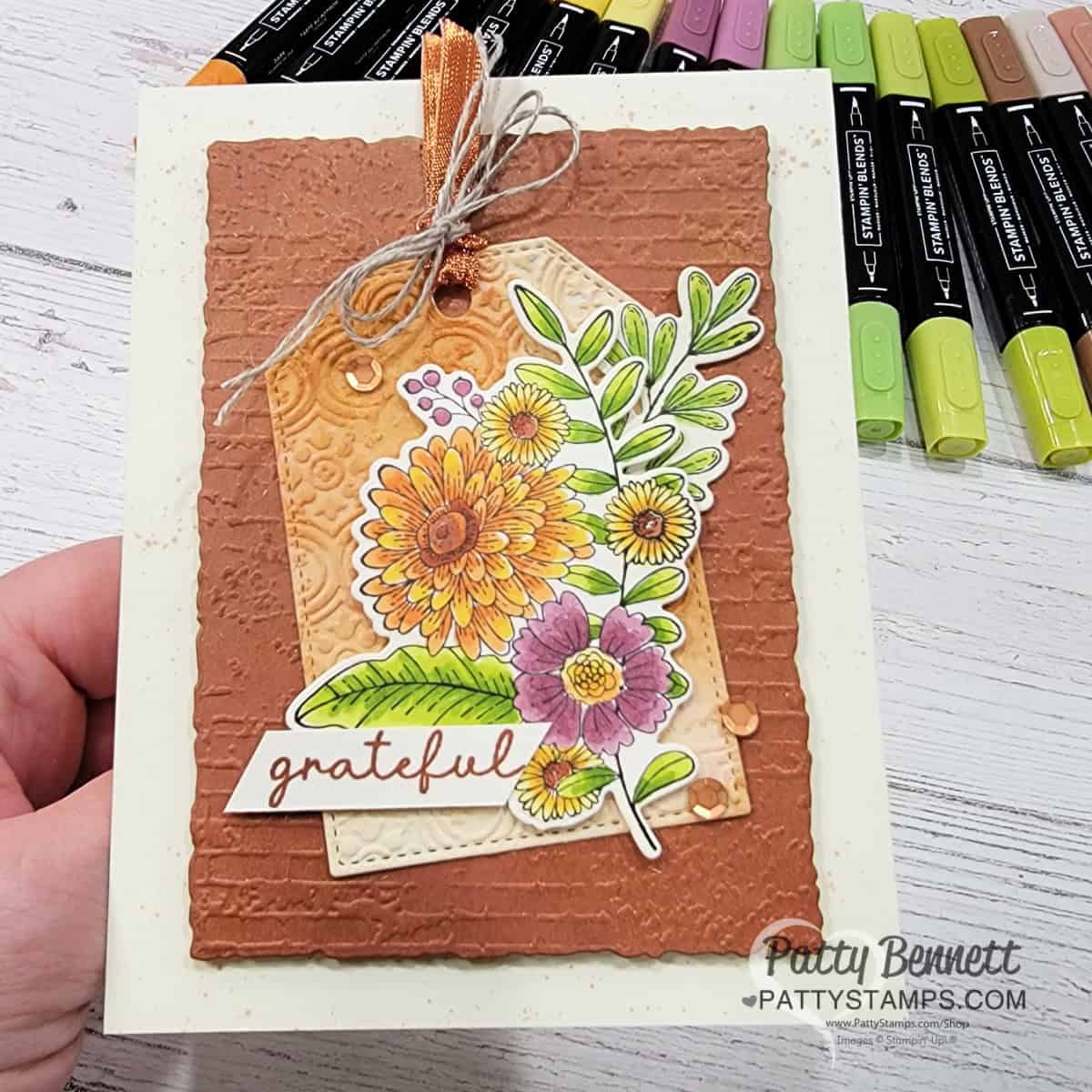 Fruitful Blessings fall cards colored with Stampin' Blends and featuring tags with the Distressed Tile embossing folder by Patty Bennett