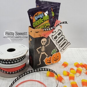 Stampin' Up! Pick of the Patch bundle Halloween pumpkin punch treat bag idea with Them Bones DSP