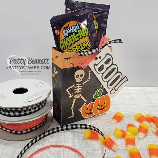 Stampin' Up! Pick of the Patch bundle Halloween pumpkin punch treat bag idea with Them Bones DSP