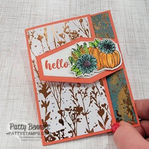 Fall Fun Fold card with Stampin' UP! Nested Essentials dies and Rustic Crate pumpkins colored with Stampin' Blends markers. By Patty Bennett