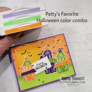 Color combo for: Stampin' UP! Tricks & Treats bundle: super cute haunted house Halloween card idea by Patty Bennett