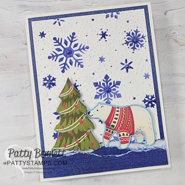 Beary Christmas card featuring Stampin' Up! Abundant Beauty Mask snowflake background