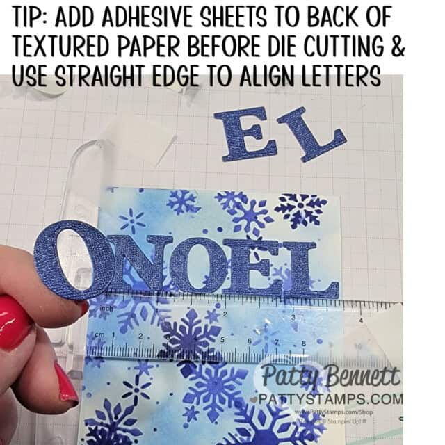 Joy of Noel dies Christmas card tips and idea by Patty Bennett featuring textured paper and Abundant Beauty Masks.
